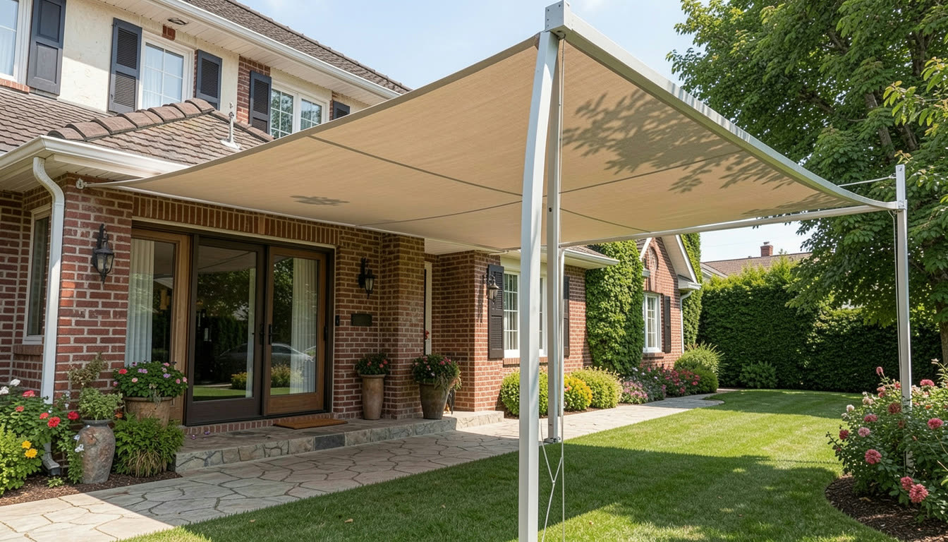 Toldo plano y pérgola en un porche